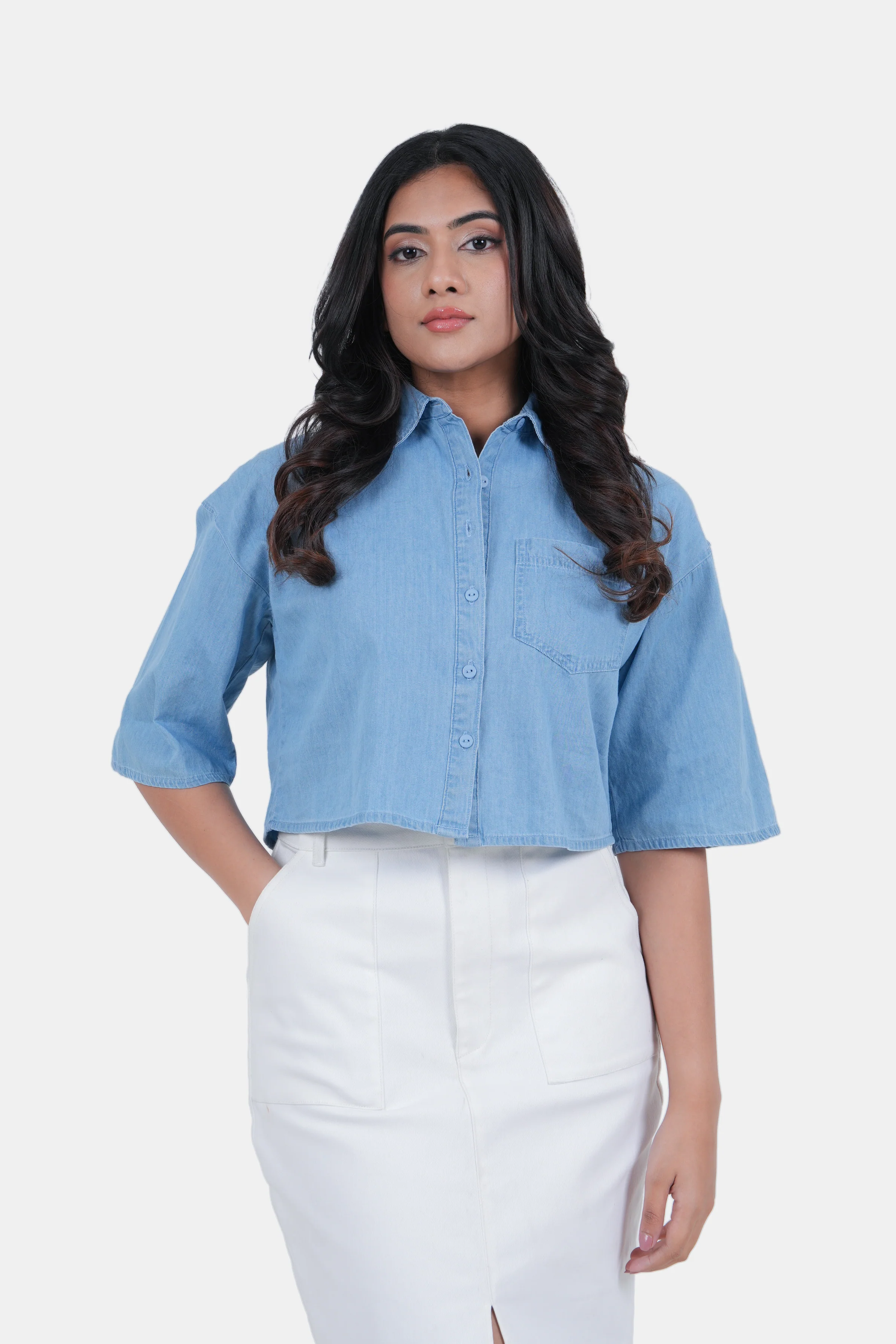 Modano Women's Denim Crop Shirt - Casual Wear - Image 3
